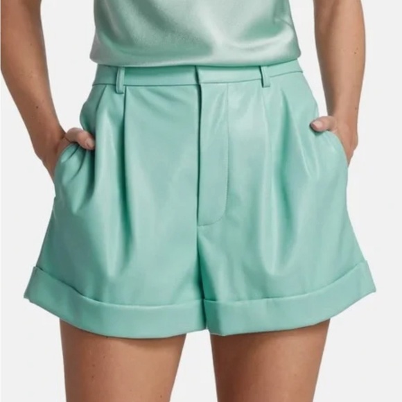 Alice + Olivia Conry Vegan Leather Teal Pleated Cuff Shorts - Picture 7 of 7
